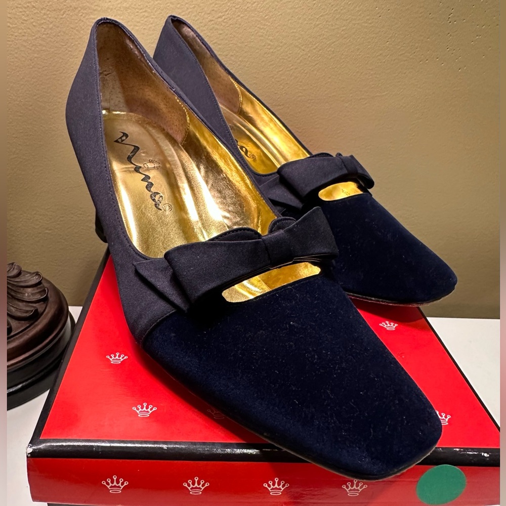 Nina Navy Blue Velvet & Satan Heels with Leather Sole